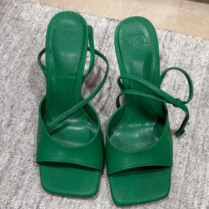 ZARA Emerald Green Strappy Square-Toe Heels